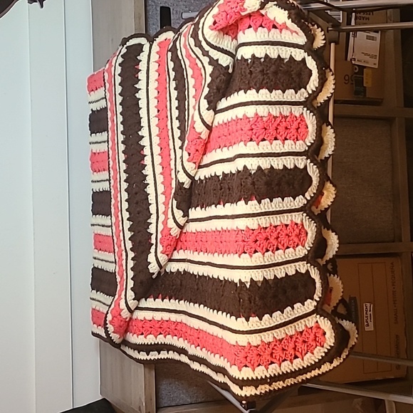 Beautiful 54" x 76" Handmade Crochet Brown/Cream/Pink Afghan - Picture 1 of 3